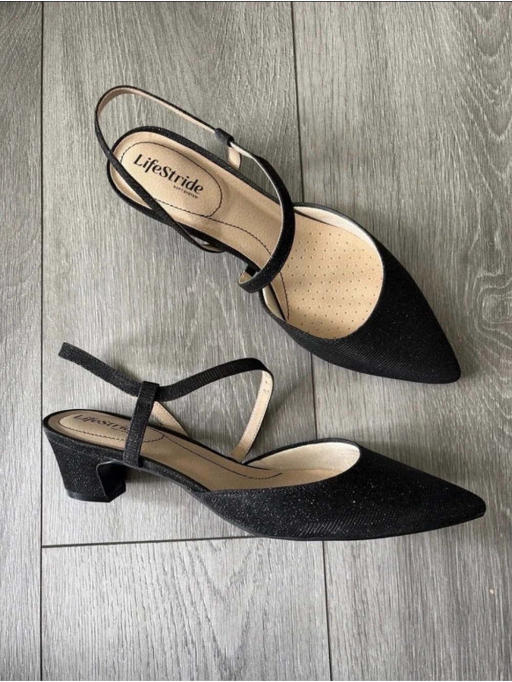 Life Stride Black Pointed Slingback Low Block Heels size 11